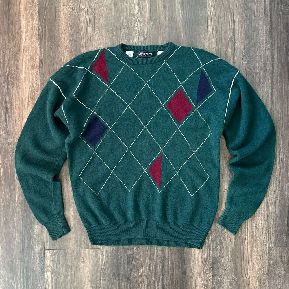 Argyle Sweater Pure Wool Crewneck Long Sleeve Mens XL Pullover Vintage Green Top